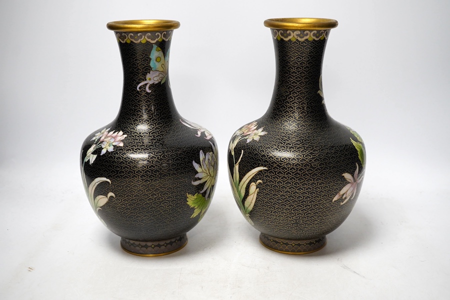 A pair of Chinese cloisonne enamel vases, 26cm. Condition - good